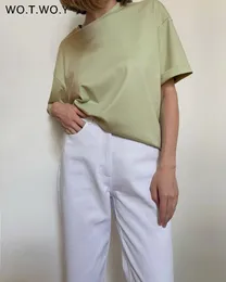 Ternos wotwoy verão casual solto camiseta feminina algodão manga curta sólido básico tshirt feminino macio malha coreano topos haruku 2023