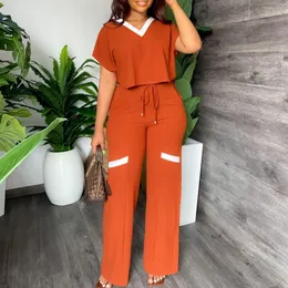 Sweaters Two Piece Set Women Vneck Short Sleeve Top & Drawstring Wide Leg Pants Casual Summer Elegant Matching Sets Tracksuit Outfits