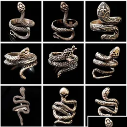 Bant Yüzük Toptan 30pcs/Lot Üst Karışım Retro Punk Absered Snake Ring Erkek Kadın Hip Hop Hayvan Serin Bikter Rocker Takı Antik Dhbub