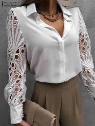 قمصان بلوزات المرأة النسائية Zanzea Women Hollow Out Out Bhite Derts 2023 Fashion Summer Lace Long Sleeve Blouses catual patchwork ol tops legant fapel blusas l230712