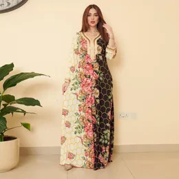 Ethnic Clothing Muslim Vintage Printed Floral Abaya Style Lace Drill V-neck Long Sleeves Loose Dress Women Casual Robe Middle Eastern