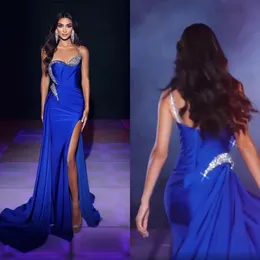 Королевские синие формальные вечерние платья сексуальные спагетти ремни бусины с блестками бедра высокий раскол.