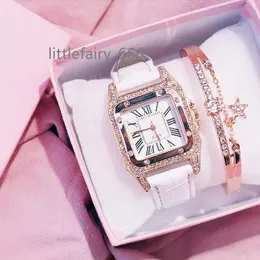 Relojes Cuadrados Fashion Trend Elegant Square Womens Watch Shining Stars Diamond Watch Pink Box Set di bracciali