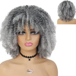 Perucas Sintéticas GNIMEGIL Afro Kinky Curly Para Mulheres Negras Ombre Grey Short Haircut Wig With Bangs Cosplay Halloween Daily Use
