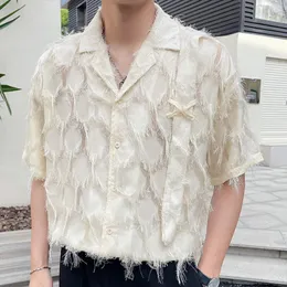 Men's Casual Shirts Autumn Korean Vintage Lace Dress Shirt Stage Clothing Men See Through Loose Thin Sun Protection Half Sleeve Male