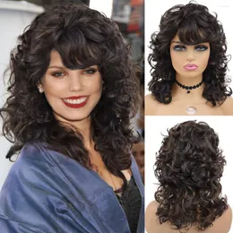Synthetic Wigs GNIMEGIL For Black Women With Curly Texture And Bangs Brown Highlighted Regular Wig Natural Hairstyle Fluffy Hair