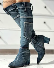 ブーツポケットデザインの女性のニーハイブーツデニムファッションジップポインテッドトゥヒール分厚いカジュアルブーツ秋の靴 T230712