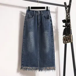 Jupes grande taille taille élastique Denim jupe mode fendu gland Jean femmes printemps/été 2023 tout match Midi a-ligne