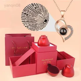 Pendant Necklaces Heart Projection Necklace Languages I You Pendant With Rose Gift Box For Girlfriend 2023 Fashion Luxury Jewelry HKD230712
