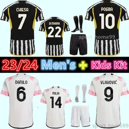 New 23 24 Pogba Juventus Soccer Jersey Di Maria Vlahovic 2023 2024 Kean Chiesa McKennie Bonucci Home Away Football Shirt Adult Men Kids Kids Uniform Juve
