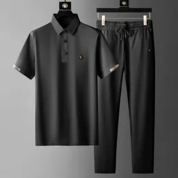 Herren-Trainingsanzüge, schwarze Sommer-Sets, dunkelblauer dünner, schnell trocknender Anzug, lässiges Poloshirt, elastische, lockere Hosen, modisches 2-teiliges Set 230711