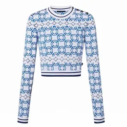 Suéter feminino de grife, moda, malha, decote redondo, letra, flor, estampa completa, roupas, pulôver, tamanho único, top azul