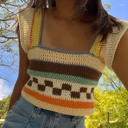 Kadın Tankları Fufucaillm Y2K Örme Sweater Yelek Yaz Çizgili Patchwork Kare Yaka Fırıltılar Kısa Kollu Tank Vintage Estetik Mahsul