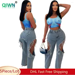 Women's Jeans 5Pcs Bulk Wholesale Women Summer Sexy Hole Hollow Out Denim Pants Stylish Light Blue Straight Trousers Street Bottoms 9646