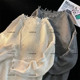 Мужские свитера Y2K Streetwear Мужчины американский ленивый ветер поло в рет -свитере ретро -пара свободные пуловки и женщин, чтобы сделать старую дыру 230711