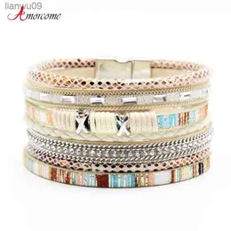 Amorcome Boho Wrap Armbänder für Frauen Geflochtenes Leder Seil Handgemachte MultiLayer Manschette Armreif Schmuck Geschenke Femme Großhandel L230704