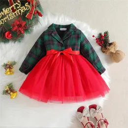 Kız Elbise Kız Bebek Parti Elbise Elbise Çocuklar Toddler Sonbahar Kış uzun kollu ekose baskılar Bowknot Tül Noel Çocuk Giysileri