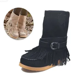 Stövlar Kvinnor Mid-kalf Flock Boots Slip On Spänne Dam Platta tofsar Skor Kvinna Höst Vinter Mode Stövel Zapatos De Mujer L230712