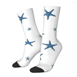 Chaussettes pour hommes Funny Crazy Sock For Men White And Navy Blue Starfish Pattern Hip Hop Vintage Pentagram Under The Sea Seamless Boys Crew