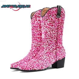Botas femininas com lantejoulas Western Cowboy boot 2023 bordado retrô fashion sapatos de cowboy L230712
