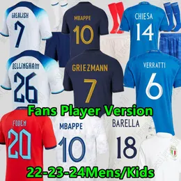 2023 24 Fans Player Soccer Jerseys French MBAPPE GRIEZMANN GIROUD Angleterre GREALISH BELLINGHAM FODEN ITALYS CHIESA VERRATTI BARELLA kids kit Men football shirt