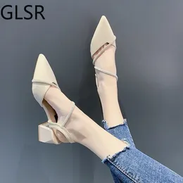 Sandals 2023 Summer Black Shoes for Women Shallow Mouth Strappy Heels All Match Beige Pointed Closed Fashion 230711