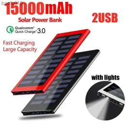 Batteria esterna Solar Power Bank 15000mAh Dual USB con luci a LED Caricatore portatile per cellulare per iPhone 12Pro Xiaomi Huawei L230712