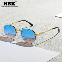 HBK Blue MIRROR Óculos de Sol Femininos de Metal Dourado Sem Armação Óculos de Sol Masculino Sem Aro Marrom