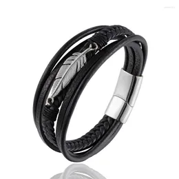 Lien Bracelets Punk Hommes Bijoux Multi-étages En Cuir Armure Plume Forme Accessoires Pour Hommes En Acier Inoxydable De Mode Bracelet Cadeau