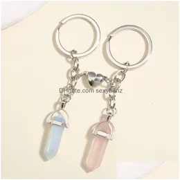 Llaveros Llavero Cristal Natural Piedra de Cuarzo Anillo Corazón Botón Magnético Cadenas Llavero Para Pareja Amigo Regalos Diy Gota Hecha A Mano Dhv87