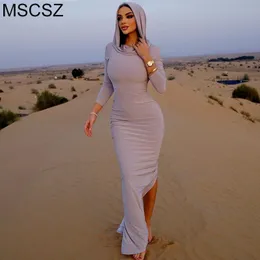 Kentsel Seksi Elbiseler Kapşonlu Uzun Kollu Bodycon Maxi Elbise Moda Kırış T Shirt Sonbahar Yaz Sıkı Sıkı Siyah Gri 230711