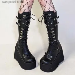 Boots Women Goth Platform Knee High Boots Halloween Coaplay Autumn Combat Boots Zip Design Motorcycle Boots Shoes T230712