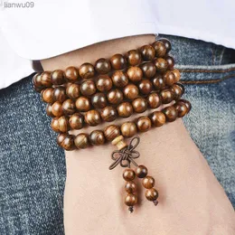 6mm Naturligt sandelträ Buddhistisk Buddha Träpärlor Armband Knot Hänge 4 Layer Handledskedja Män Kvinnor Armband Armband L230704