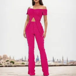 Zweiteilige Damen-Hosen, sexy, elegantes Set, einfarbig, schulterfrei, kurzärmelig, abgeschnitten, undichte Taille, Top, modischer Slim-Flare-Anzug