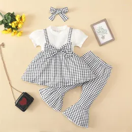 Clothing Sets Summer Toddler Infant Girls Patchwork Suspender Bow Top Dress And Plaid Boot Cut Pants 3 Pcs Set Kids Baby Costume Girl