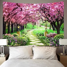 Tapisserier Cherry Blossom Path Wall Hanging Tapestry Floral Scenery Tapestrys Estetic Room Decor Wedding Birthday Wallpapers For Home