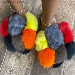 Pantofole Pom Fur Pantofole Donna Fluffy Real Fox Fur Slides Furry Cute Raccoon Fur Sandals Lady Flat Fur Ball Flip Flop Scarpe arcobaleno T230712