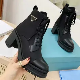 Women Luxury Middle heel Martin boots Winter Thick bottom Desert Boot real leather Splicing waterproof canvas shoes size 35-41