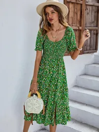 Basic Casual Dresses Msfilia Spring/Summer Long Print Women's Bohemian Short Sleeve High Waist Floral Dress Suitable for Women's Leisure 230711