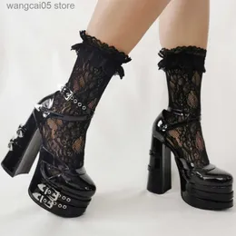 Sandals sexy female platform buckle super high heels pumps ankle strappy denim dress gothic punk cosplay cutout summer sandals T230712