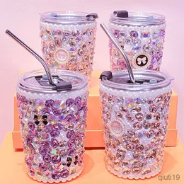 Mugs Rhinestones Stainless Steel Cup Bling Cups With Straw Water Bottle Coffee Mugs Juice Cold Drink Crystal Diamond Thermos Tumbler R230712