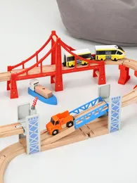 Diecast Model Car Train Train Train Mailway Railway Toys مجموعة خشبية مزدوجة جسر الجسر الخشبي الإكسسوارات الخشبية الطراز Kid's Toys Gifts 230712