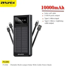 Awei P130K Portable Outdoor Solar Power Bank 10000mAh con LED Powerbank Batteria esterna a ricarica rapida solare per telefono cellulare L230712