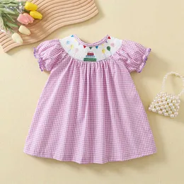Girl's Dresses Summer New Girls Purple Plaid Dress Cartoon Smocked Embroidery Princess Dress Frocks For Birthday Party Children Outfit 1-5 YearHKD230712