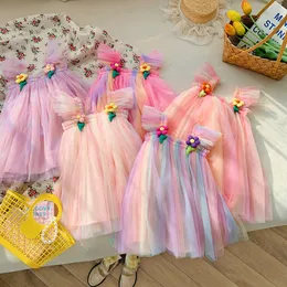 Kız Elbiseleri 1-6y Girls Tulle Süper Peri Prenses Elbiseler Sinek Kollu Gökkuşağı Çiçek Pastası Elbise Çocuklar Mesh Puffy Doğum Günü Partisi Vestidos 230712