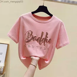 Women's T-Shirt 2022 Summer New Sequin Letter Crystal Cotton Loose Short Sleeve Round Neck Bottom Women's T-shirt S-4XL Z230713