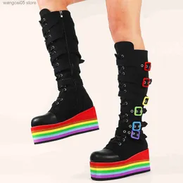 Stiefel Marke Große Größe 43 Mode Gothic Rianbow Plattform Schnallen Reißverschluss Bunte Große Qualität Motorrad Stiefel Frau Schuhe T230712