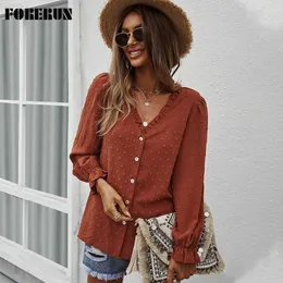 قمصان البلوزات النسائية Forerun القمصان النسائية Jacquard Long Sleeve Top Spring Summer Button Up Disual Ladies Chiffon Blusas de Mujer L230712