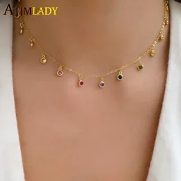 Anhänger Halsketten 925 Sterling Silber Zierliche CZ Runde Lünette Tropf Chandalier Layering Halskette Goldgefüllter zarter Regenbogen CZ Choker Schmuck HKD230712