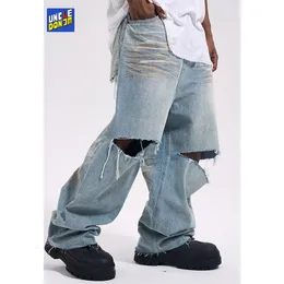 Men's Jeans Knee ripped denim jeans big holes wideleg mopping hip hop elephant pants streetwear men y2k vintage baggy 230711